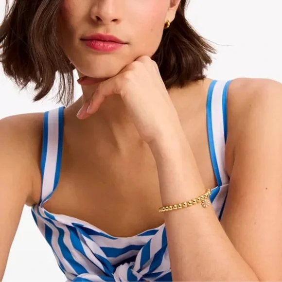 🎁 Kate Spade Gold Beaded Joy Pave Bracelet with Flower Charm $78 NWT - Picture 3 of 6